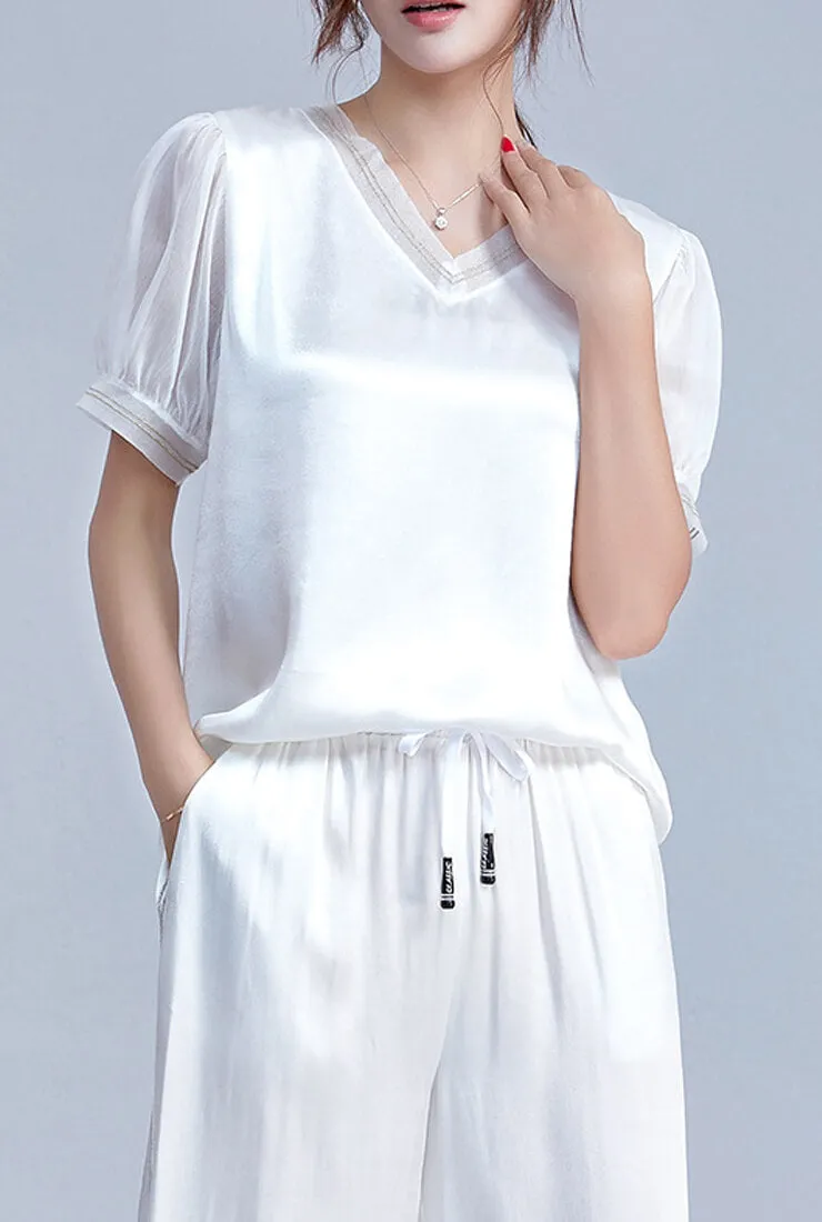 V-neck Loose Chiffon Short Sleeve Blouse