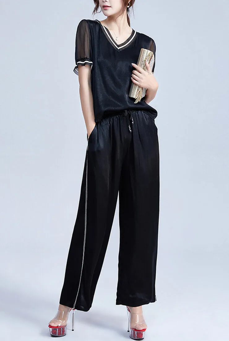 V-neck Loose Chiffon Short Sleeve Blouse