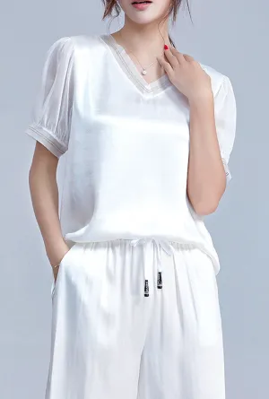V-neck Loose Chiffon Short Sleeve Blouse