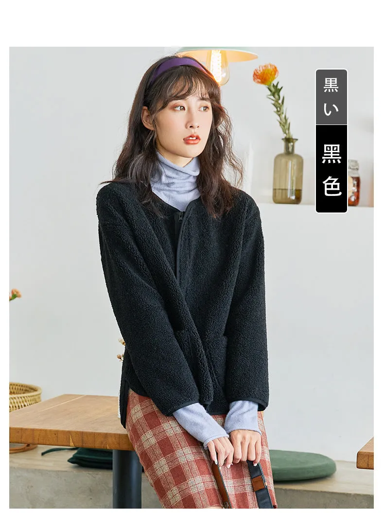Women Thick Slim Look Round-Neck Zipper Long Sleeved Loose Warm Tops Cardigan Outerwear