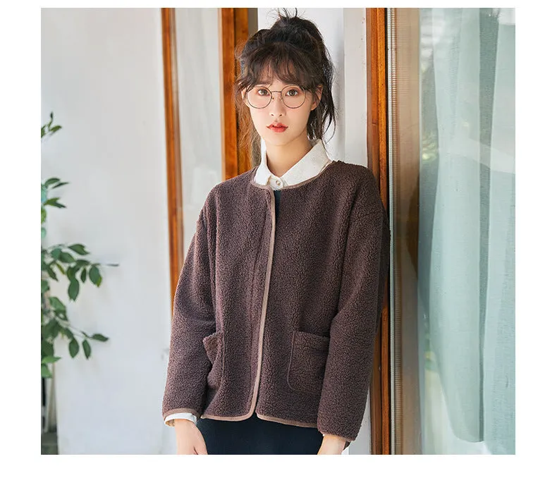 Women Thick Slim Look Round-Neck Zipper Long Sleeved Loose Warm Tops Cardigan Outerwear