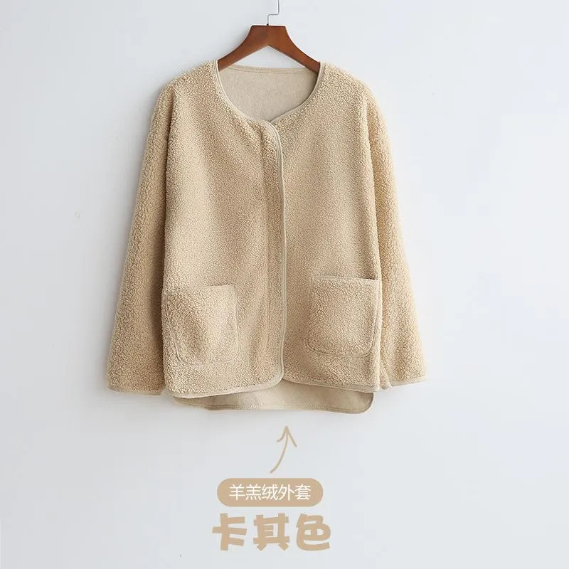 Women Thick Slim Look Round-Neck Zipper Long Sleeved Loose Warm Tops Cardigan Outerwear
