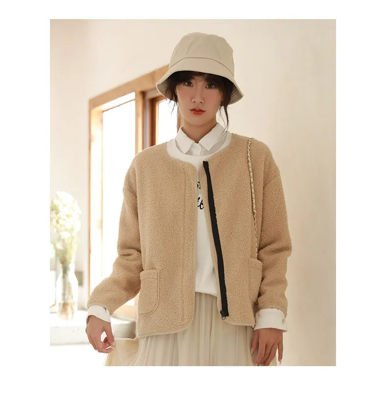 Women Thick Slim Look Round-Neck Zipper Long Sleeved Loose Warm Tops Cardigan Outerwear