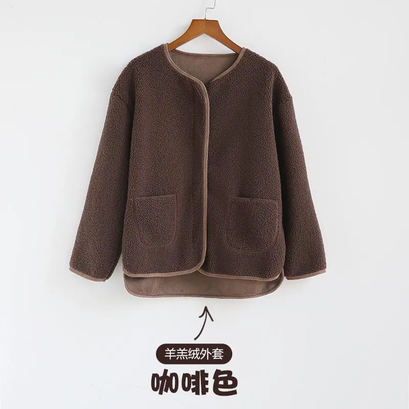 Women Thick Slim Look Round-Neck Zipper Long Sleeved Loose Warm Tops Cardigan Outerwear