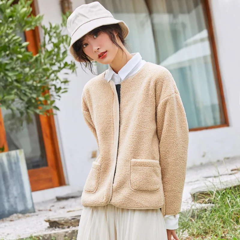 Women Thick Slim Look Round-Neck Zipper Long Sleeved Loose Warm Tops Cardigan Outerwear