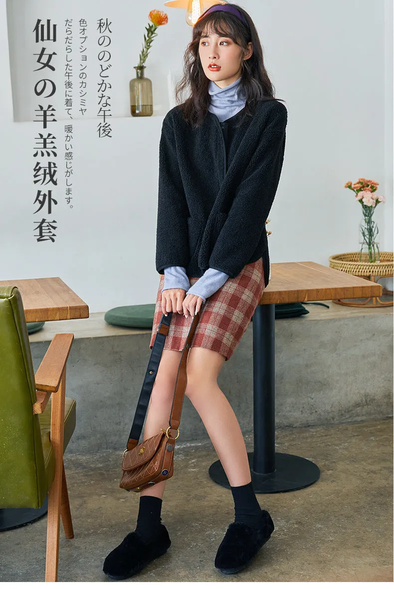 Women Thick Slim Look Round-Neck Zipper Long Sleeved Loose Warm Tops Cardigan Outerwear