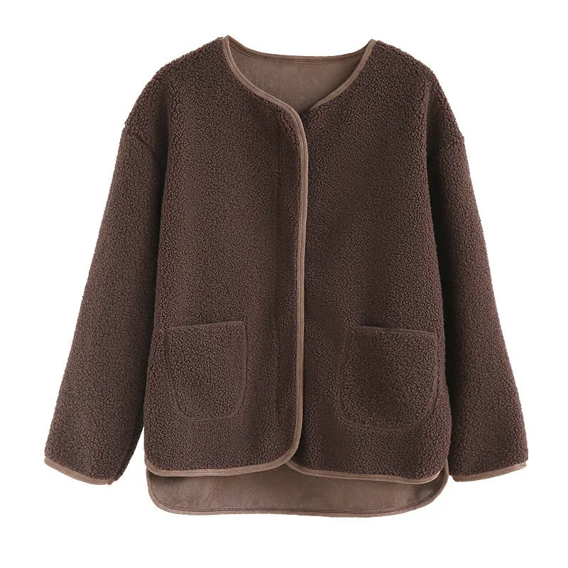 Women Thick Slim Look Round-Neck Zipper Long Sleeved Loose Warm Tops Cardigan Outerwear